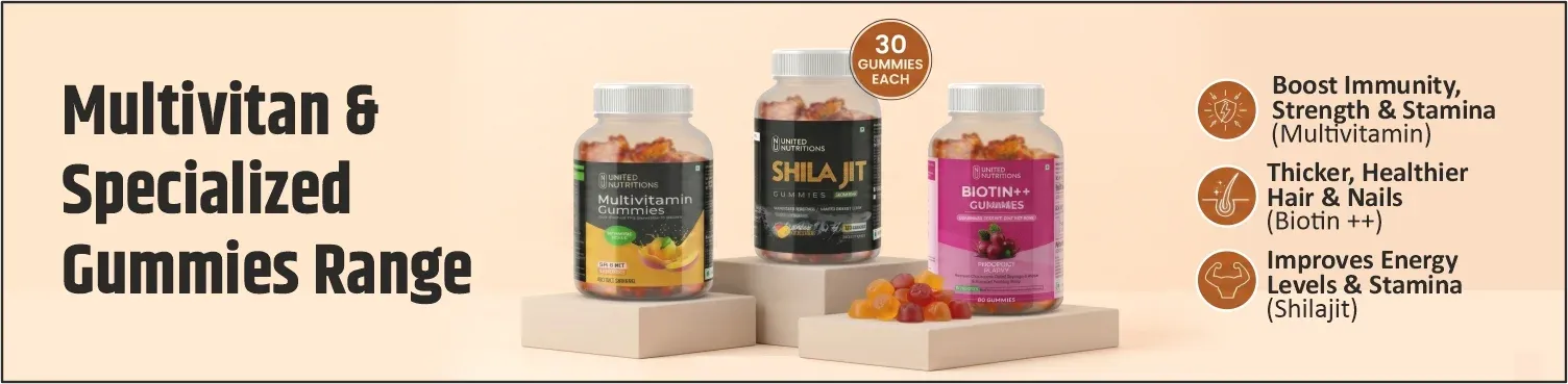 United Nutritions multivitamin, shilajit and biotin gummies